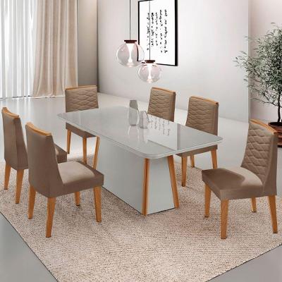 Mesa De Jantar Diane 180cm Mdf Vidro Com 6 Cadeiras Moderna Veludo Capuccino Off White Naturale Serigrafia