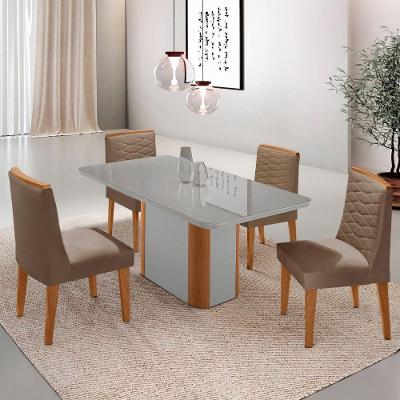 Mesa De Jantar Isadora 120cm Tampo Mdf Vidro Com 4 Cadeiras Veludo Capuccino Off White Naturale Serigrafia