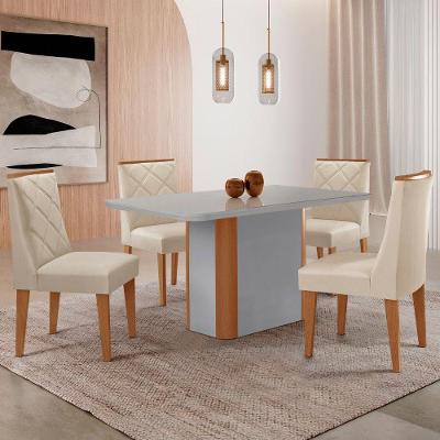 Mesa De Jantar Isadora 120cm Tampo Mdf Vidro Com 4 Cadeiras Veludo Creme Off White Naturale Serigrafia