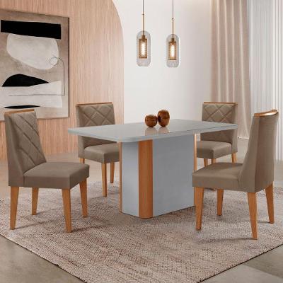 Mesa De Jantar Isadora 120cm Tampo Mdf Vidro Com 4 Cadeiras Veludo Capuccino Off White Naturale Serigrafia