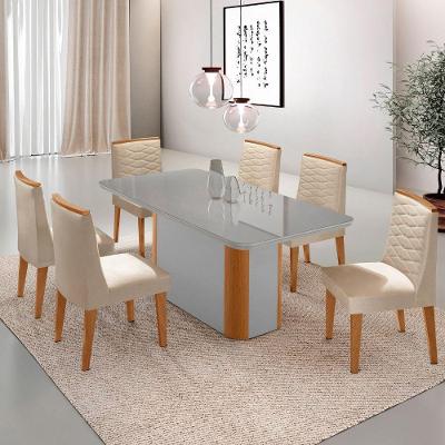Mesa De Jantar Isadora 180cm Tampo Mdf Vidro Com 6 Cadeiras Veludo Creme Off White Naturale Serigrafia