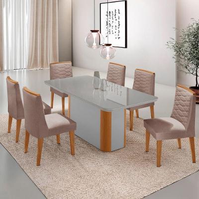 Mesa De Jantar Isadora 180cm Tampo Mdf Vidro Com 6 Cadeiras Linho Capuccino Off Naturale Serigrafia