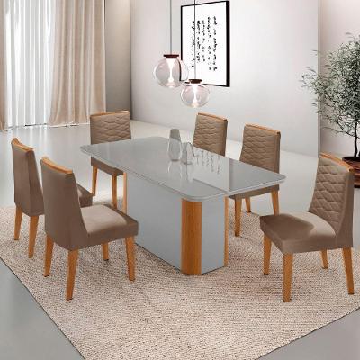 Mesa De Jantar Isadora 180cm Tampo Mdf Vidro Com 6 Cadeiras Veludo Capuccino Off White Naturale Serigrafia