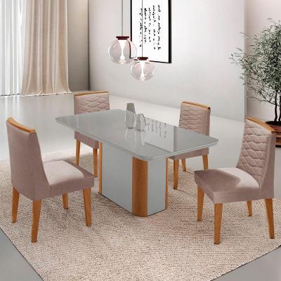 Mesa De Jantar Isadora 120cm Tampo Mdf Vidro Com 4 Cadeiras Linho Capuccino Off White Naturale Serigrafia