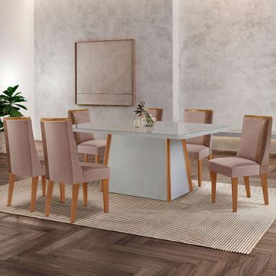 Mesa De Jantar Diane 180cm Tampo Mdf Vidro 6 Cadeiras Diane Moderna Linho Capuccino Tork Naturale Off White Serigrafia