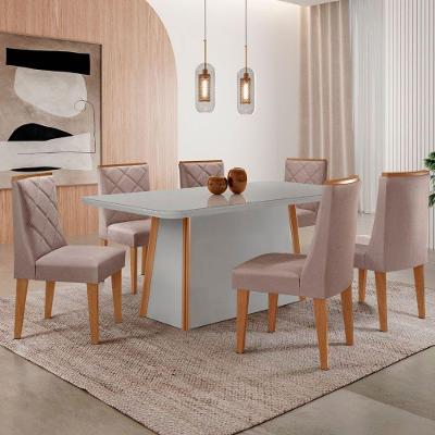 Mesa De Jantar Diane 180cm Tampo Mdf Vidro 6 Cadeiras Isadora Moderna Linho Capuccino Off White Naturale Serigrafia