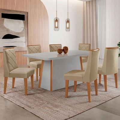 Mesa De Jantar Diane 180cm Tampo Mdf Vidro 6 Cadeiras Isadora Moderna Turim 07 Naturale Serigrafia Off White