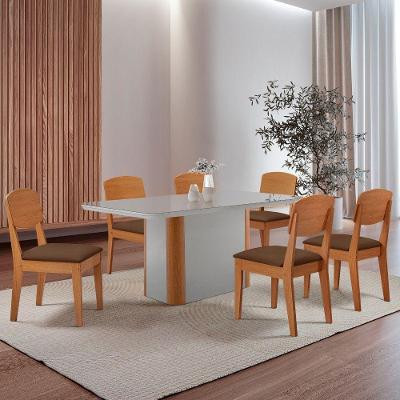 Mesa De Jantar Isadora 180cm Tampo Mdf Vidro Com 6 Cadeiras Veludo Marrom Naturale Serigrafia Off White