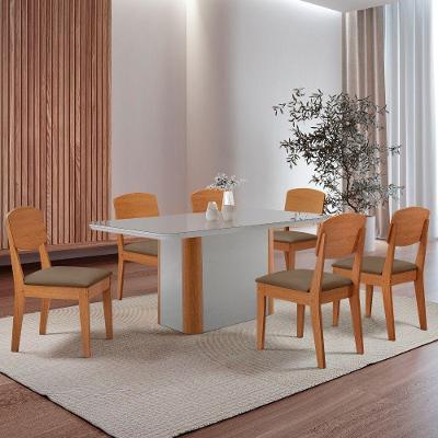 Mesa De Jantar Isadora 180cm Tampo Mdf Vidro Com 6 Cadeiras Veludo Capuccino Off White Naturale Serigrafia