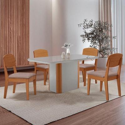 Mesa De Jantar Isadora 120cm Tampo Mdf Vidro Com 4 Cadeiras Linho Capuccino Off White Naturale Serigrafia