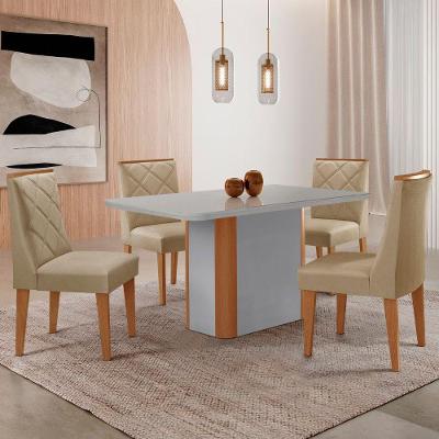 Mesa De Jantar Isadora 120cm Tampo Mdf Vidro Com 4 Cadeiras Turim 07 Naturale Serigrafia Off White