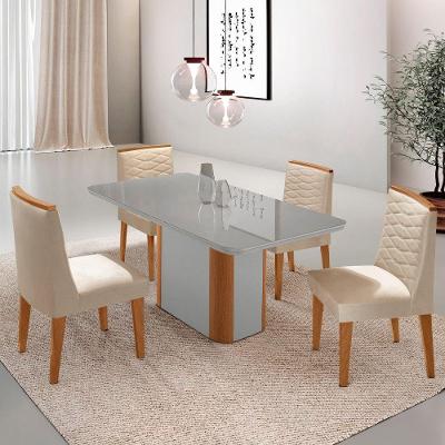 Mesa De Jantar Isadora 120cm Tampo Mdf Vidro Com 4 Cadeiras Veludo Creme Off White Naturale Serigrafia