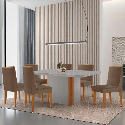Mesa De Jantar Isadora 180cm Tampo Mdf Vidro Com 6 Cadeiras Veludo Capuccino Off White Naturale Serigrafia