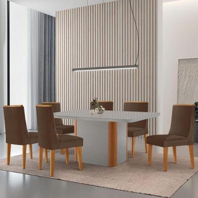Mesa De Jantar Isadora 180cm Tampo Mdf Vidro Com 6 Cadeiras Veludo Marrom Naturale Serigrafia Off White