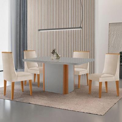 Mesa De Jantar Isadora 120cm Tampo Mdf Vidro Com 4 Cadeiras Veludo Creme Off White Naturale Serigrafia