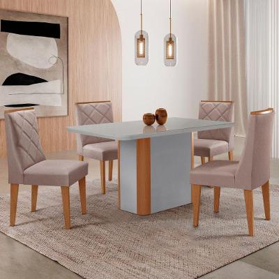 Mesa De Jantar Isadora 120cm Tampo Mdf Vidro Com 4 Cadeiras Linho Capuccino Off Naturale Serigrafia