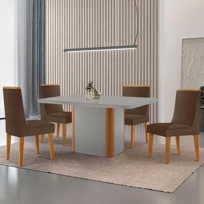Mesa De Jantar Isadora 120cm Tampo Mdf Vidro Com 4 Cadeiras Veludo Marrom Off White Naturale Serigrafia