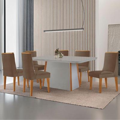 Mesa De Jantar Diane 180cm Tampo Mdf Vidro 6 Cadeiras Lisboa Moderna Veludo Capuccino Off White Naturale Serigrafia