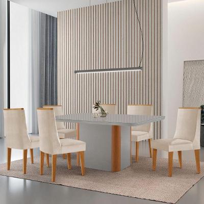 Mesa De Jantar Isadora 180cm Tampo Mdf Vidro Com 6 Cadeiras Veludo Creme Off White Naturale Serigrafia