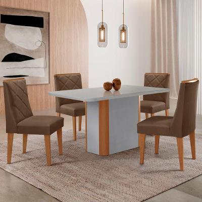 Mesa De Jantar Isadora 120cm Tampo Mdf Vidro Com 4 Cadeiras Veludo Marrom Naturale Serigrafia Off White