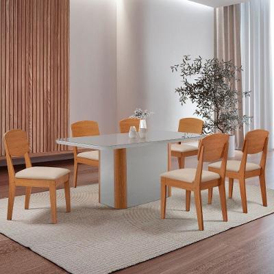 Mesa De Jantar Isadora 180cm Tampo Mdf Vidro Com 6 Cadeiras Veludo Creme Off White Naturale Serigrafia