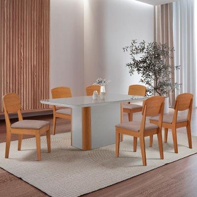 Mesa De Jantar Isadora 180cm Tampo Mdf Vidro Com 6 Cadeiras Linho Capuccino Tork Off White