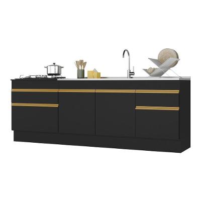 Kit Com 2 Balcões De Cozinha 150cm E 70cm Com Rodapé Veneza Multimóveis V2108 Preto/dourado Preto/dourado