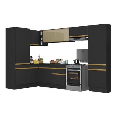 Armário De Cozinha Completa De Canto Com Rodapé Veneza Multimóveis V2090 Preto/dourado Preto/dourado