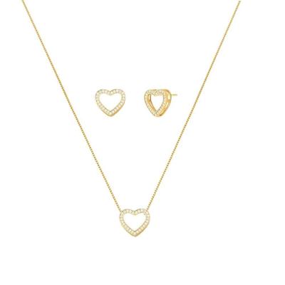 Conjunto Colar E Brinco De Coração E Zirconias Banhado Ouro