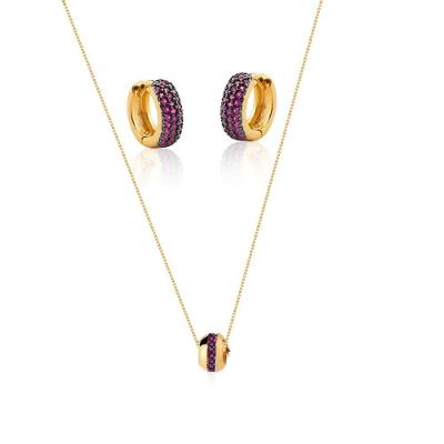 Conjunto Colar E Brinco Classic Zirconias Rubi Banhado Ouro