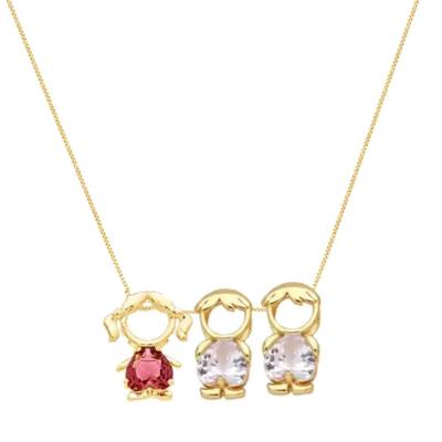 Colar Filhos Dois Meninos Uma Menina Cristal Banho Em Ouro 18k