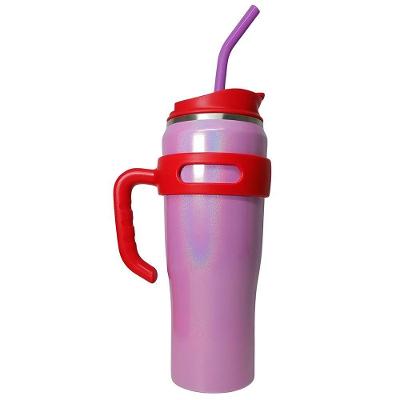 Copo Térmico Inox Com Alça Canudo Esmaltado Glitter Rosa Com Vermelho