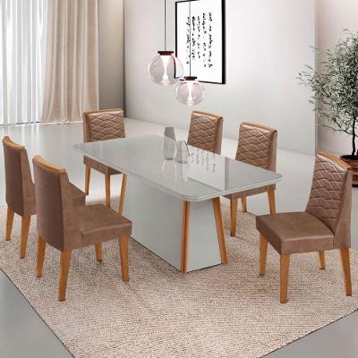 Mesa De Jantar Diane 180cm Mdf Vidro Com 6 Cadeiras Moderna Tork Off White Naturale Serigrafia