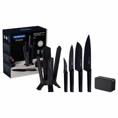 Jogo De Facas Tramontina Nygma Com Lâmina Em Aço Inox E Cabos De Polipropileno Preto Com Suporte E Caixa De Som 06 Peças