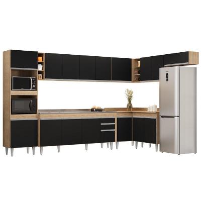 Armário De Cozinha Modulada De Canto 9 Peças Cp06 Balcão Com Pia Inox Castanho/preto Lumil