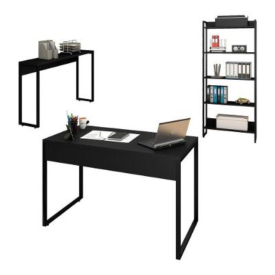 Conjunto Escritório Mesa 120 Aparador Estante Studio Preto