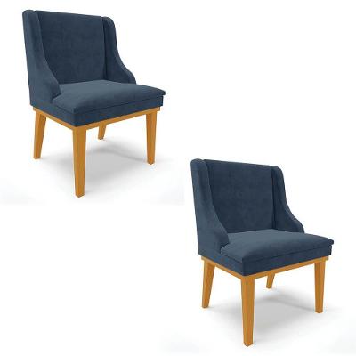 Kit 2 Cadeiras Estofadas Para Sala De Jantar Base Fixa De Madeira Castanho Lia Suede Azul-Ibiza