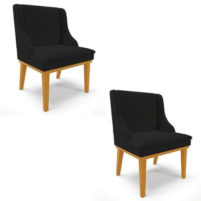 Kit 2 Cadeiras Estofadas Para Sala De Jantar Base Fixa De Madeira Castanho Lia Linho Preto - Ibiza