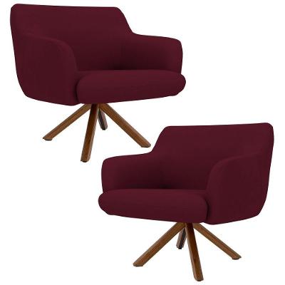 Kit 2 Poltronas Giratórias Base Madeira Veludo Marsala
