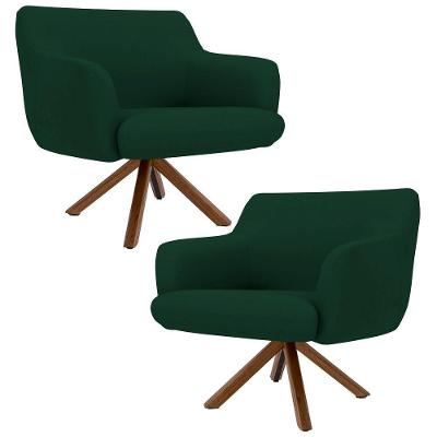 Kit 2 Poltronas Giratórias Base Madeira Veludo Verde Musgo