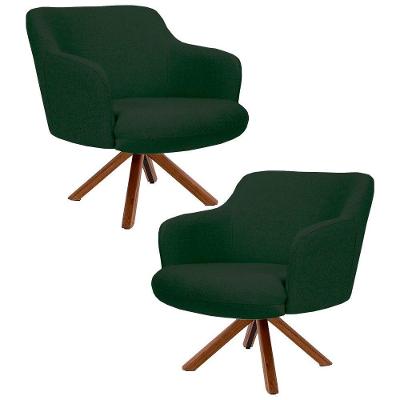Kit 2 Poltronas Giratórias Base Madeira Linho Verde Musgo