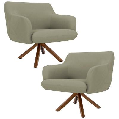 Kit 2 Poltronas Giratórias Base Madeira Corano Bege