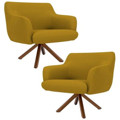 Kit 2 Poltronas Giratórias Base Madeira Veludo Mostarda