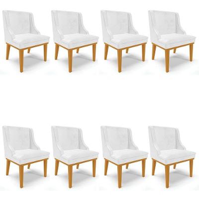 Kit 8 Cadeiras Estofadas Base Fixa De Madeira Castanho Lia Sintético Premium Branco