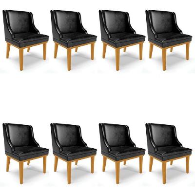 Kit 8 Cadeiras Estofadas Base Fixa De Madeira Castanho Lia Sintético Premium Preto