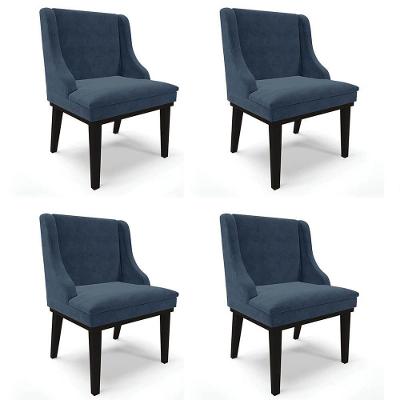 Kit 4 Cadeiras Estofadas Para Sala De Jantar Base Fixa De Madeira Preto Lia Suede Azul Marinho