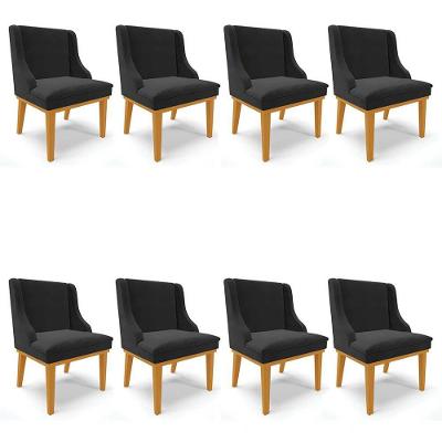 Kit 8 Cadeiras Estofadas Para Sala De Jantar Base Fixa De Madeira Castanho Lia Veludo Preto