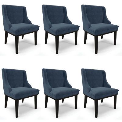 Kit 6 Cadeiras Estofadas Para Sala De Jantar Base Fixa De Madeira Preto Lia Suede Azul Marinho