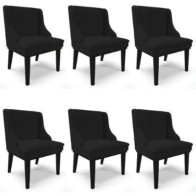 Kit 6 Cadeiras Estofadas Para Sala De Jantar Base Fixa De Madeira Preto Lia Linho Preto - Ibiza