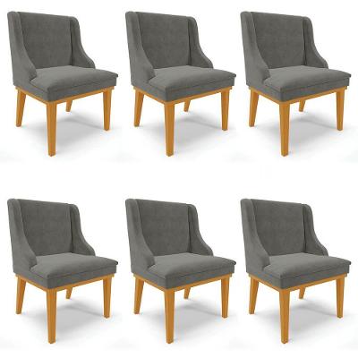 Kit 6 Cadeiras Estofadas Para Sala De Jantar Base Fixa De Madeira Castanho Lia Suede Grafite - Ibiza